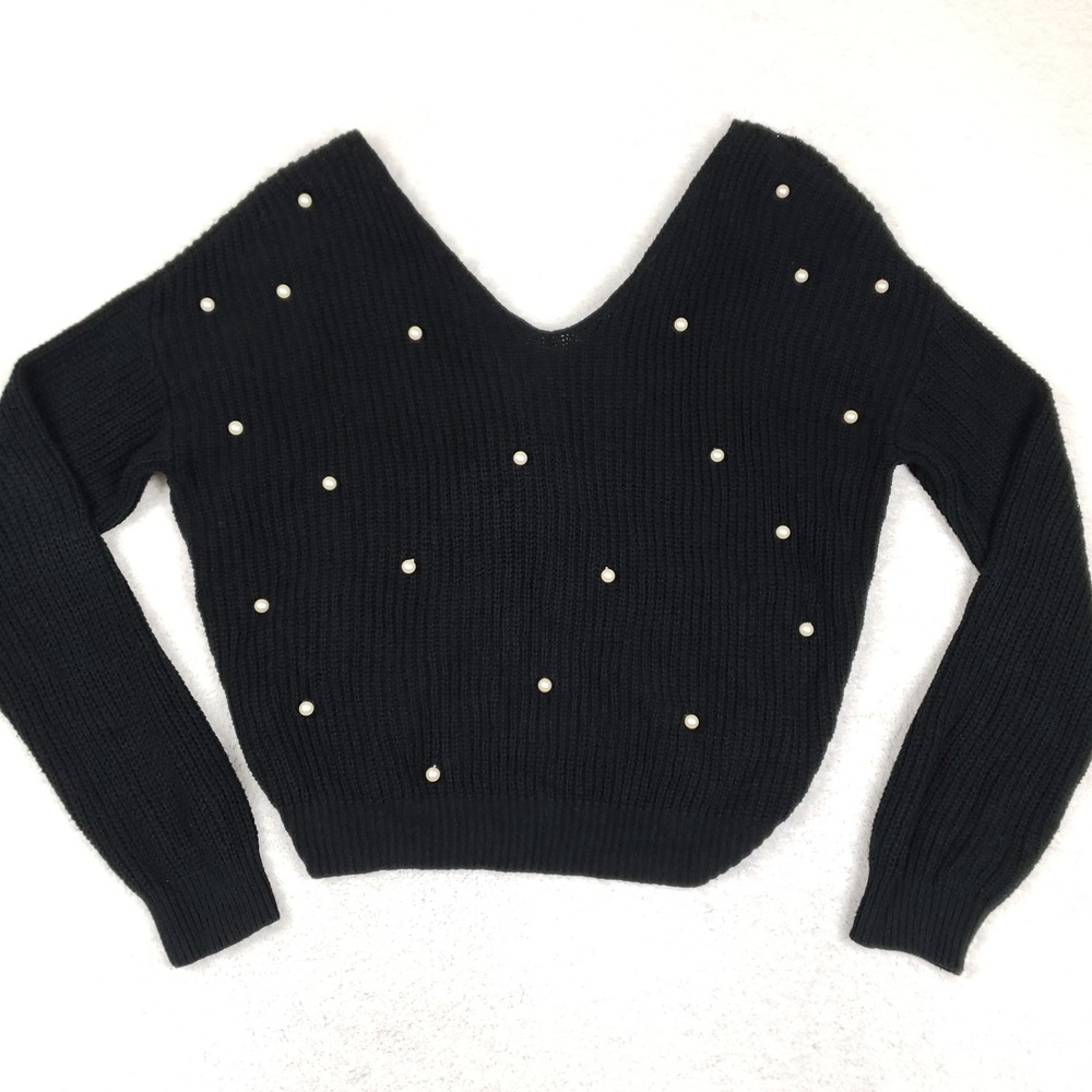 Jessica Simpson Pearl Studded Twist Back Crop Sweater L Black Coquette Fairycore